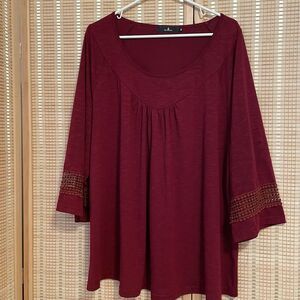 Agnes‎ Orinda Women's Plus Size 3x Burgundy Long Sleeve Top Embroidered Relaxed